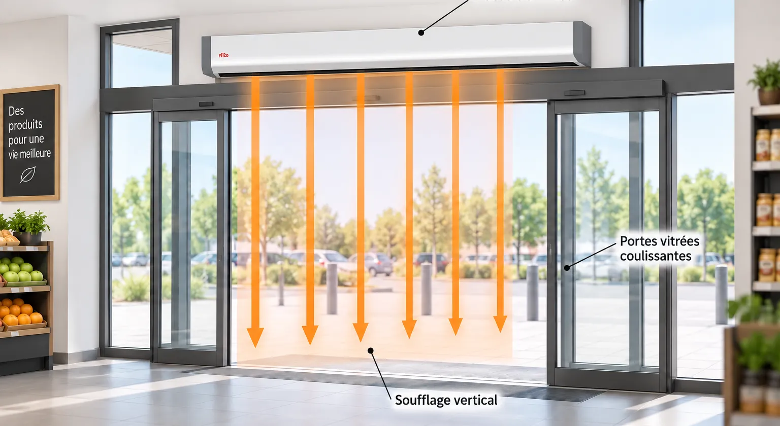 Rideau d’air au-dessus des portes vitrées coulissantes du magasin