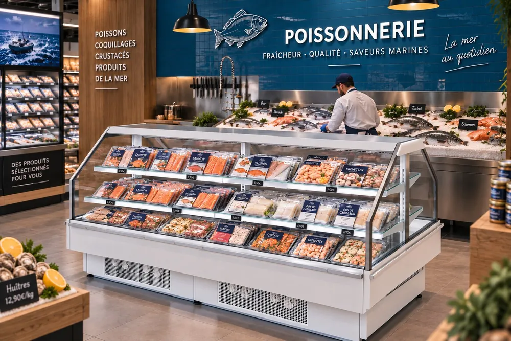 Vitrine compacte double face en poissonnerie