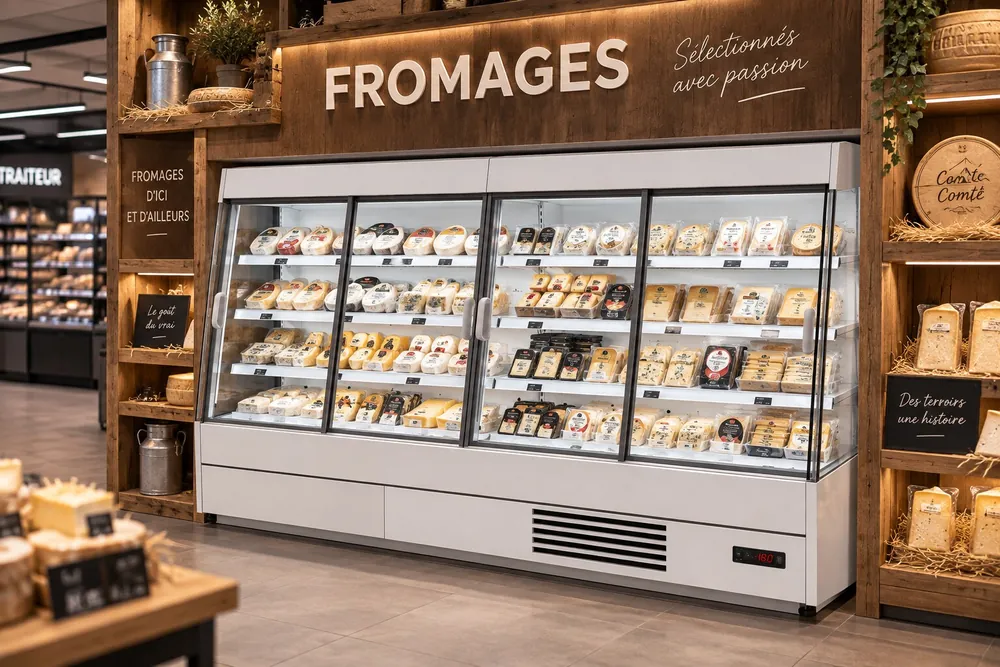 Vitrine semi-verticale ouverte au rayon fromages
