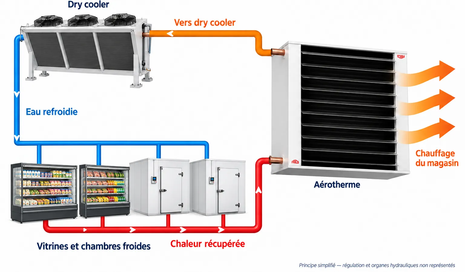 Schéma : la chaleur des vitrines et chambres froides alimente un aérotherme, l’excédent part au dry cooler